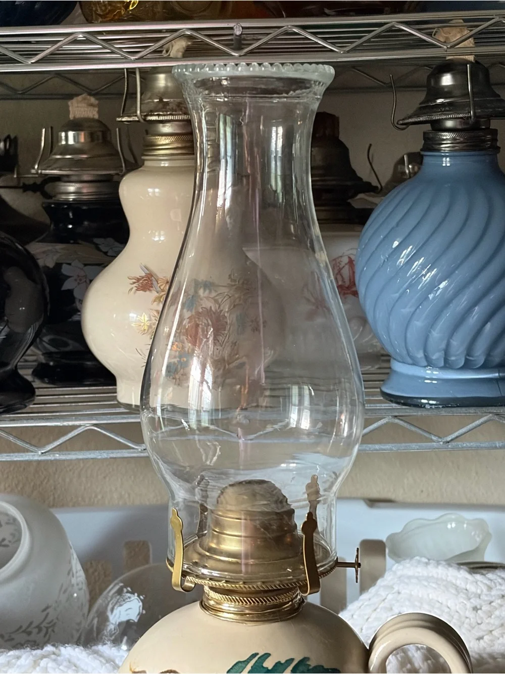 Vintage Stoneware Oil Lamp with Hand-Painted Acorn & Oak Leaf Motif